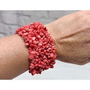 Natural Coral Chip Stretch Bracelet Wide Cuff Boho Beachy Pink Vtg Tropical